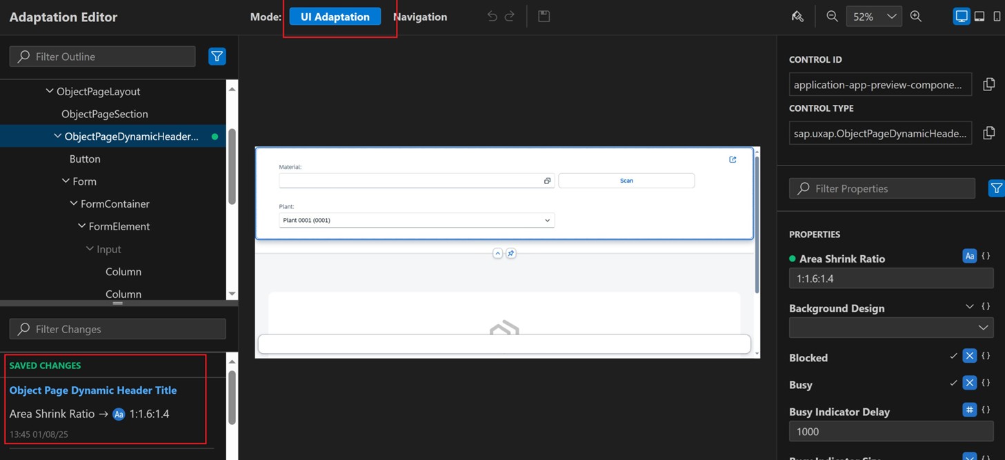 Detailansicht des Anpassungseditors mit Fokus auf UI-Control-Eigenschaften und verfügbare Anpassungsoptionen